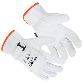 Prowl Uforet hanske i okseskinn, innsydd strikk over h�ndledd. Mansjett kantet med b�nd og borrel�s